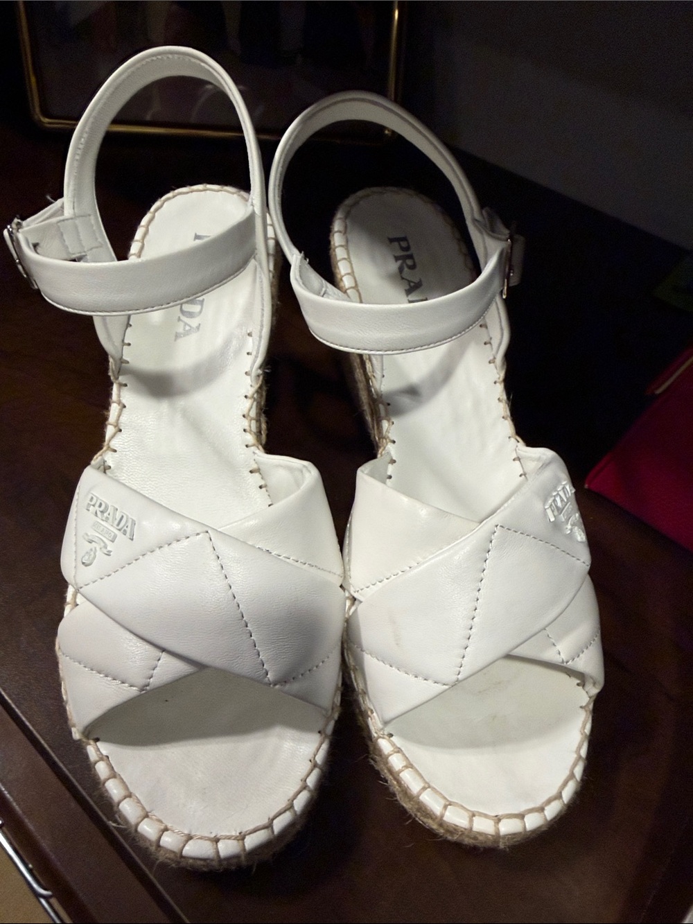 Prada White Leather Crisscross Espadrille Wedge Sandals